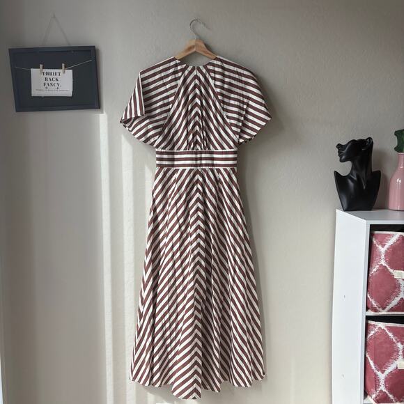 NEW Oroton Dress‎ Striped V-Neck Flutter Sleeve Midi Dress Brown White Size 8 - Picture 7 of 10